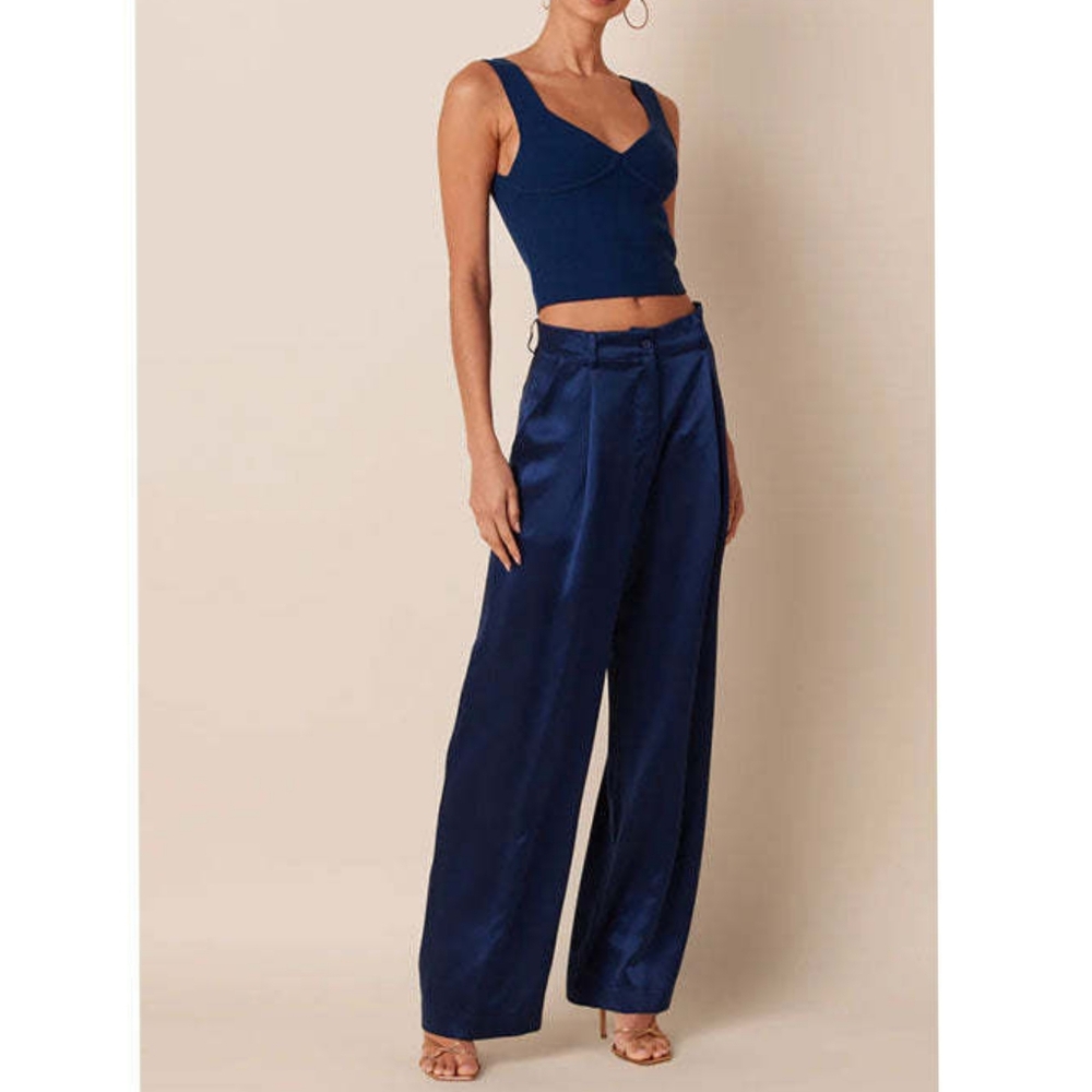 SABLYN Emerson High Waist Pleated Silk Pants Wide Leg Navy Blue Medium